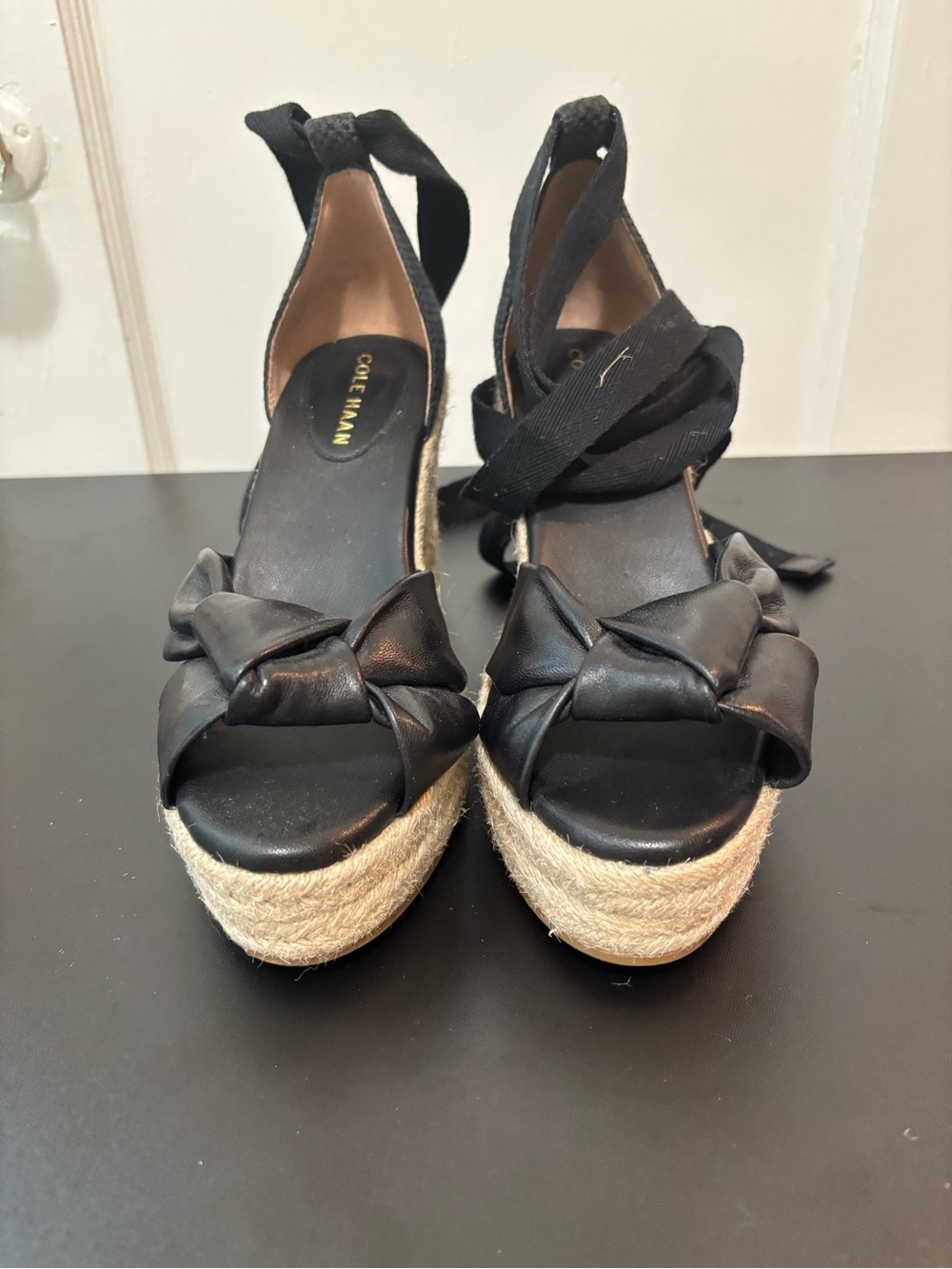 Cole Haan Black Leather Espadrille Wedge Sandals with Ankle Wrap — Worn One Time